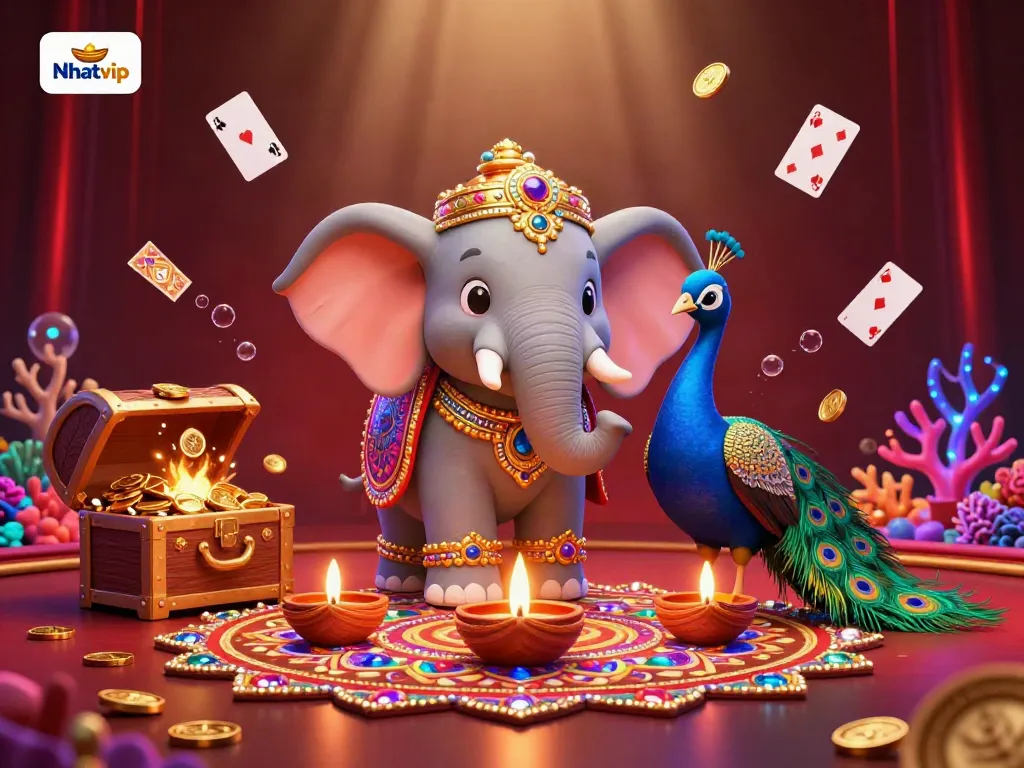 Nhatvip immersive gambling scene showing colorful characters and treasure elements for online casino promotion.