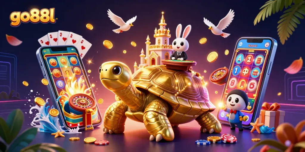 Engage with go88l's thrilling casino games displayed on a magical tortoise in a vibrant 3D scene.