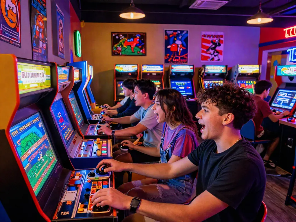 Nostalgia gaming experience at PECAH404 arcade with players enjoying retro games.
