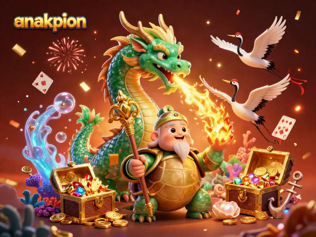 Join the excitement at anakpion with a vibrant 3D casino scene featuring a jade dragon, turtle sage, and lucky cranes.