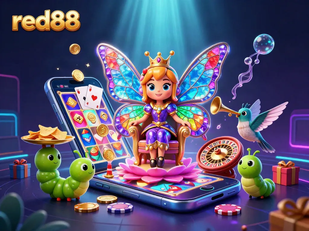 Experience the thrill of red88 with a colorful butterfly queen amidst dynamic slot games and shimmering coins.