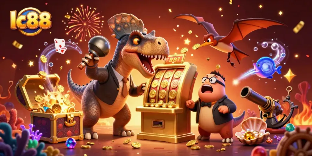 Watch lc88's pachycephalosaurus wins jackpots by hitting a golden slot machine in this vibrant casino scene.