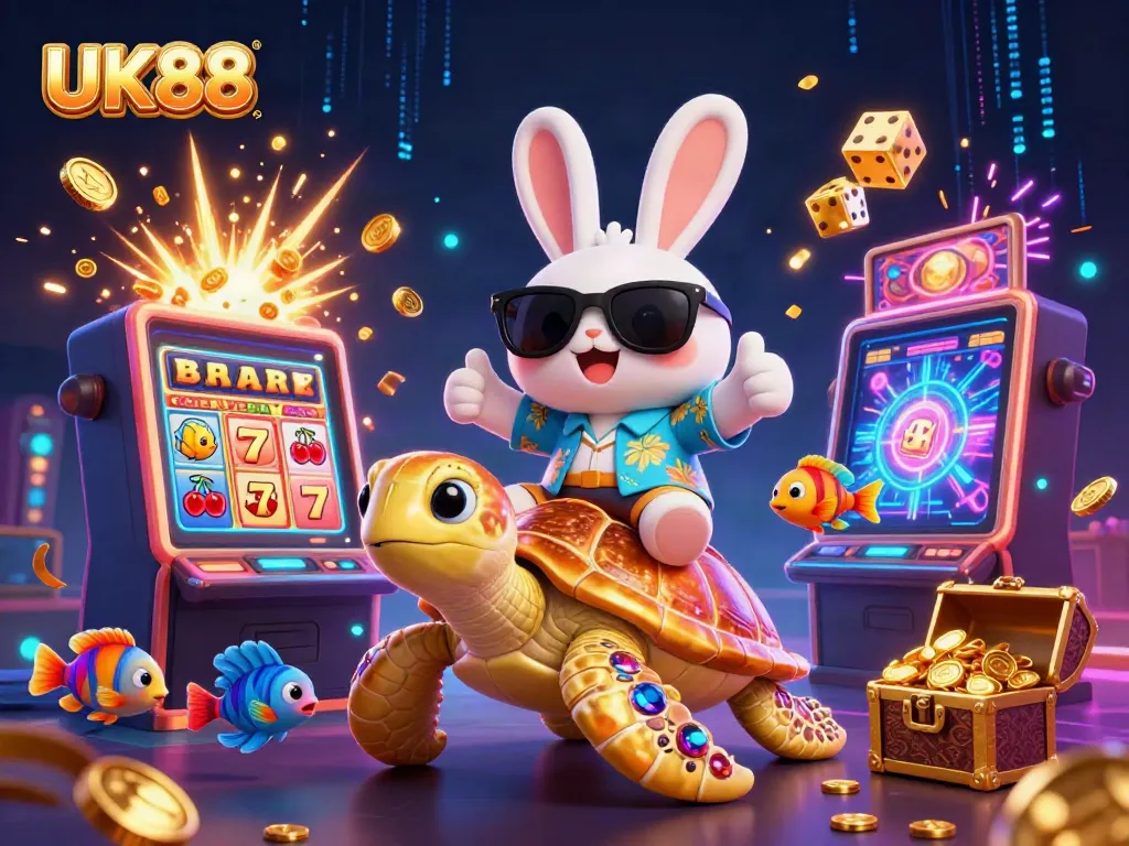 Experience the excitement at UK88 with a lucky rabbit and sea turtle amidst vibrant games and treasures.