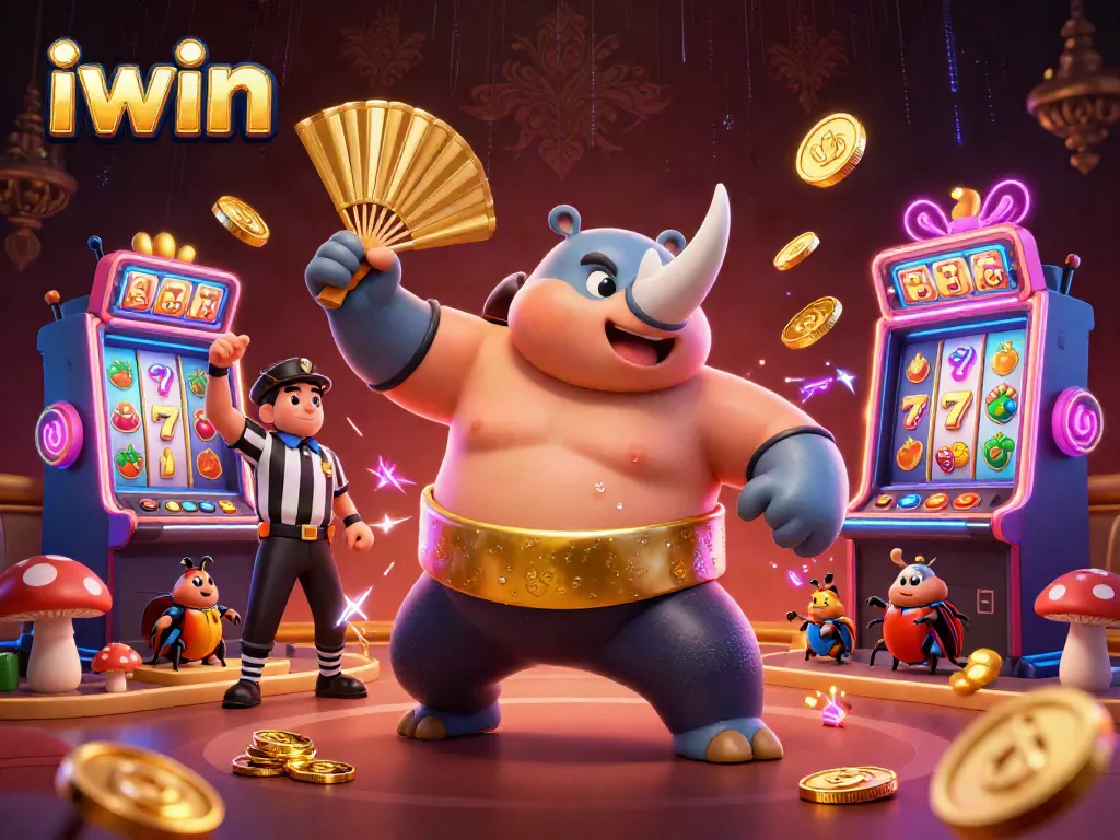 iwin casino scene featuring a sumo beetle champion and dynamic slot machines with glowing effects