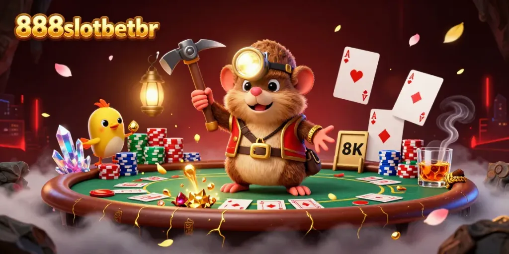 Engage in thrilling gambling with 888slotbetbr as you join a treasure hunter mole in a vibrant casino scene.