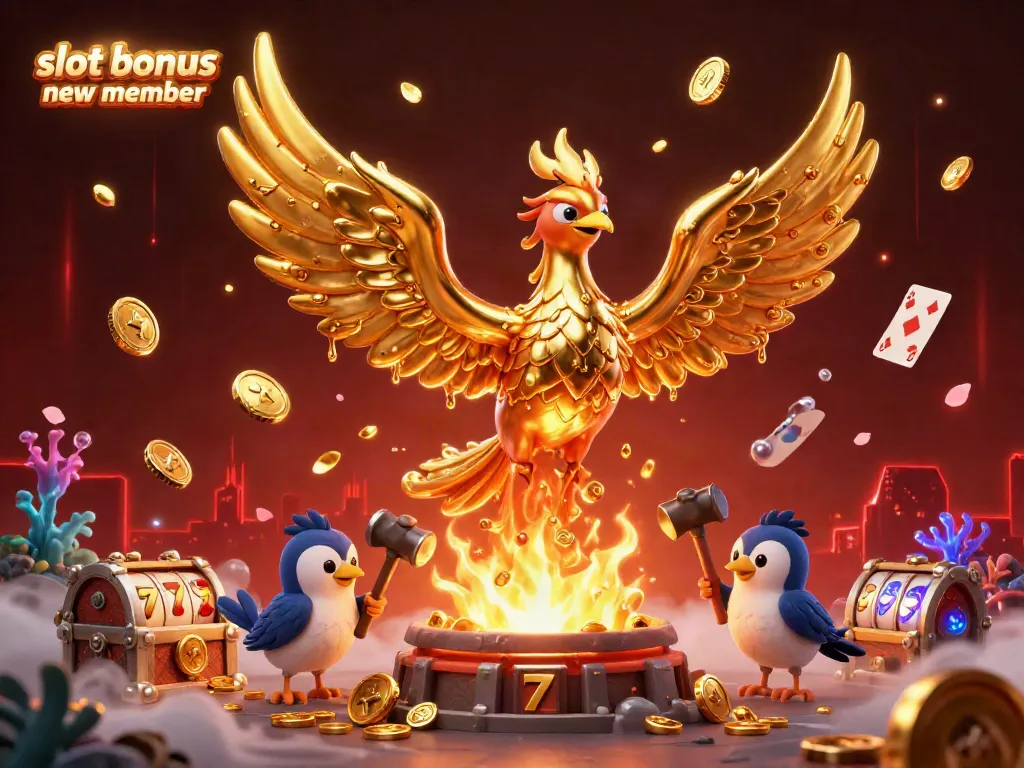 Experience the excitement with the slot bonus new member featuring a stunning golden phoenix illustration surrounded by colorful gaming elements.