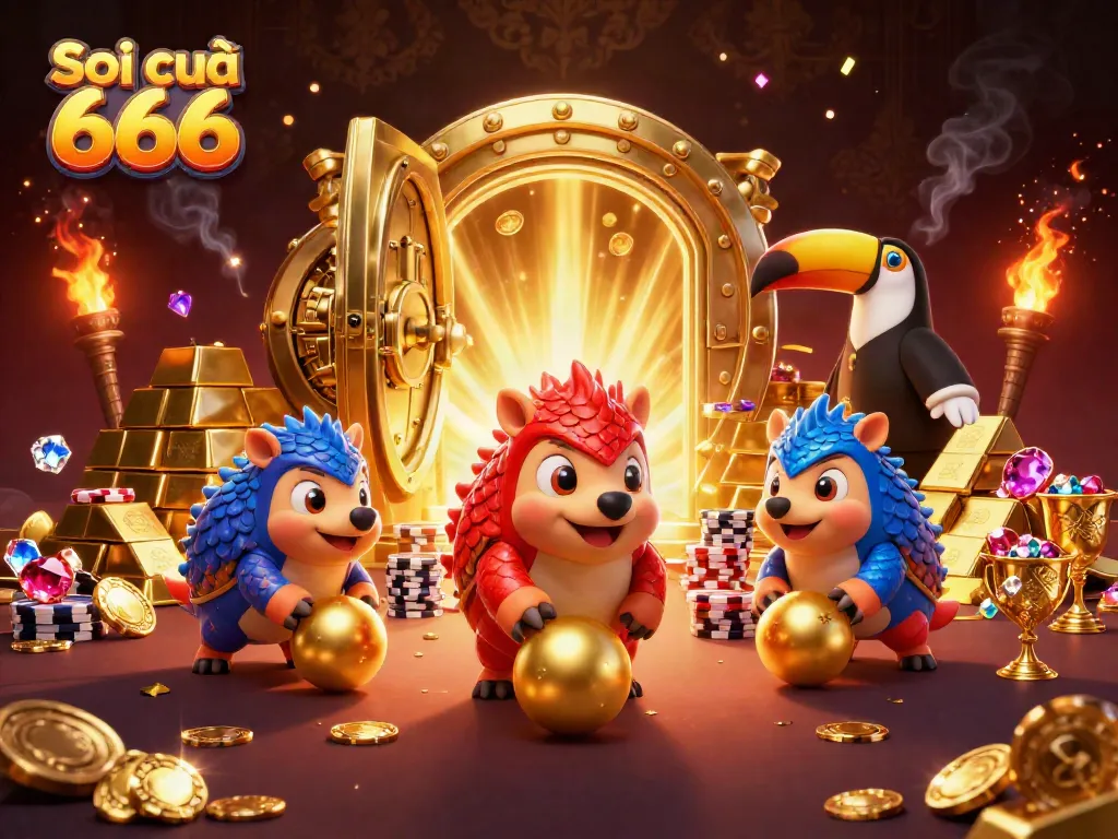 Soi cầu 666 features a dynamic scene of rival pangolins in armor rolling into golden balls, surrounded by poker chips and treasure.