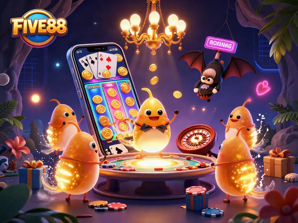 Experience the excitement of FIVE88 with glowworms illuminating a vibrant online casino scene.