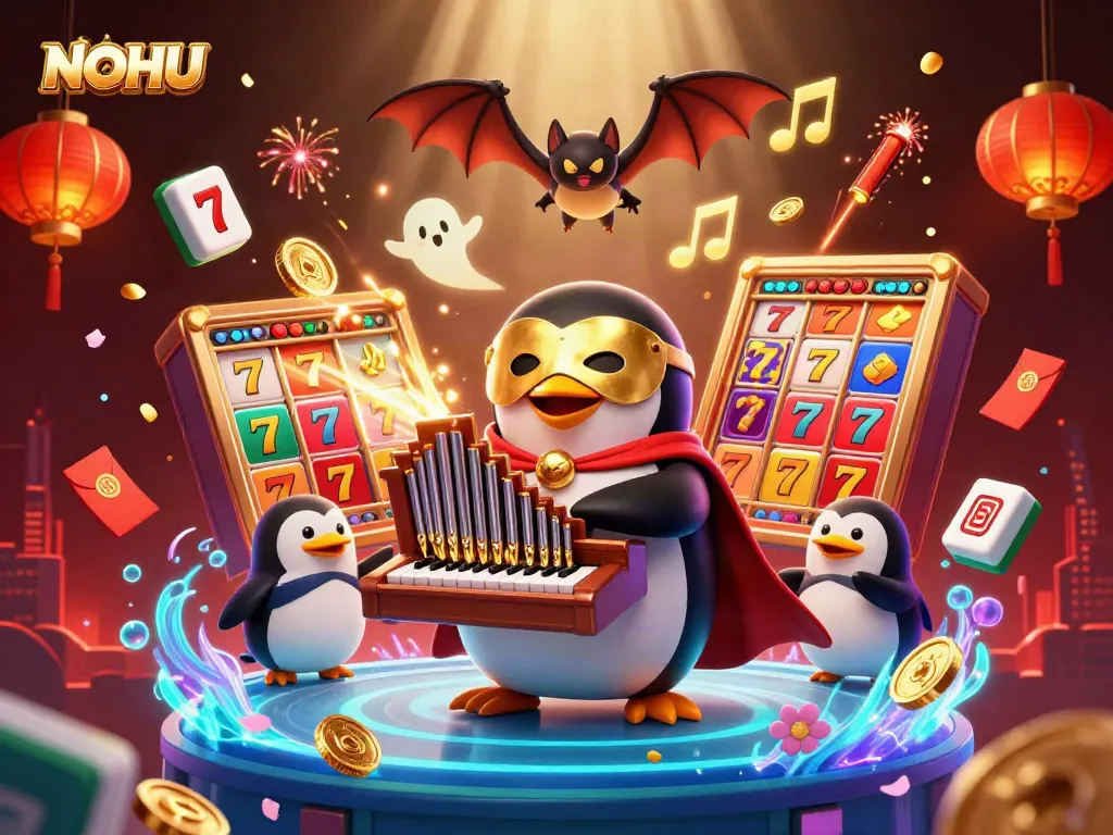 NOHU prize slots: Spectacular 3D scene of a penguin organizing a dazzling jackpot celebration.