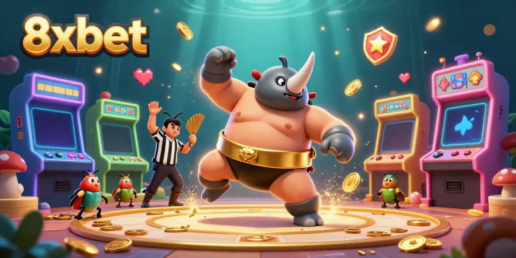 Experience thrilling gameplay with 8xbet's vibrant characters amidst a dynamic casino scene.
