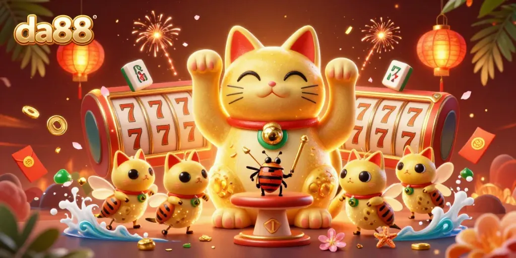 Experience thrilling gaming excitement at da88, with a vibrant lucky cat and casino symbols in a rich 3D rendering.