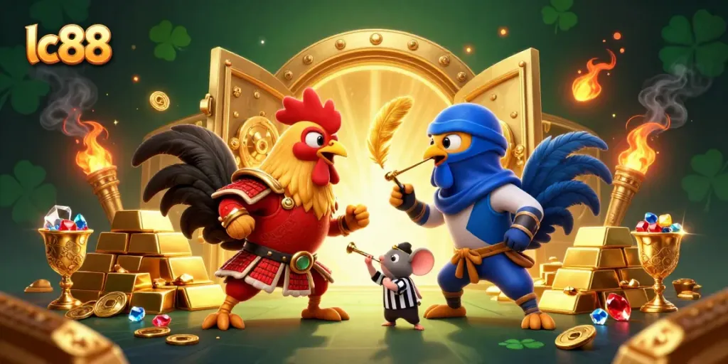 Engage in epic action at lc88 with cartoon roosters battling amidst treasure in colorful casino scene.