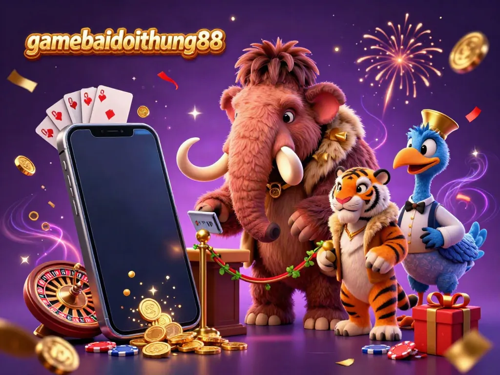 Win big at gamebaidoithuong88 as the woolly mammoth checks IDs at the luxurious casino entrance.