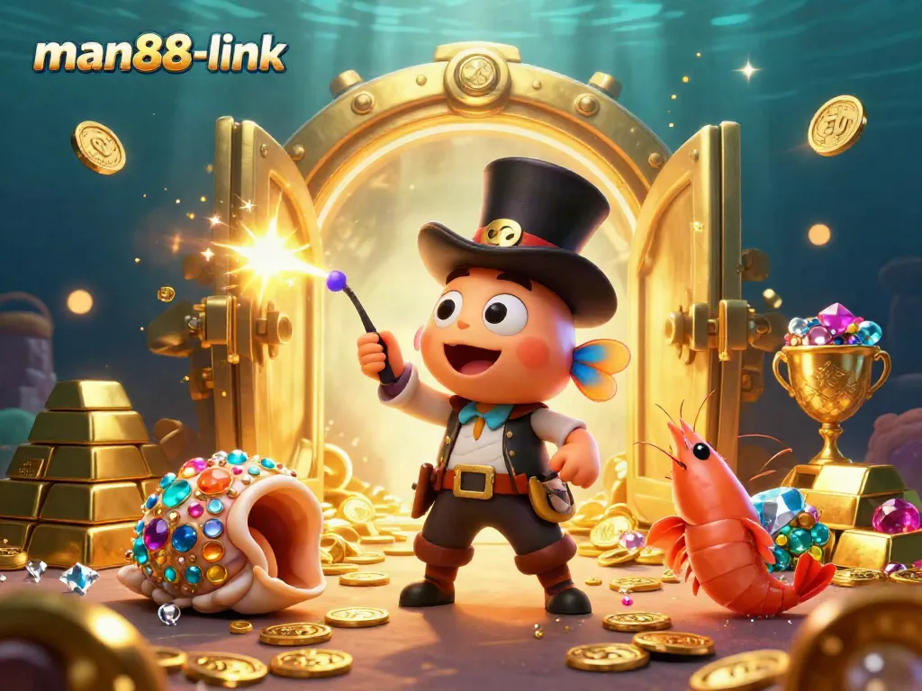 Engage at man88-link with a dynamic scene of treasure-seeking characters in a vibrant underwater casino world.