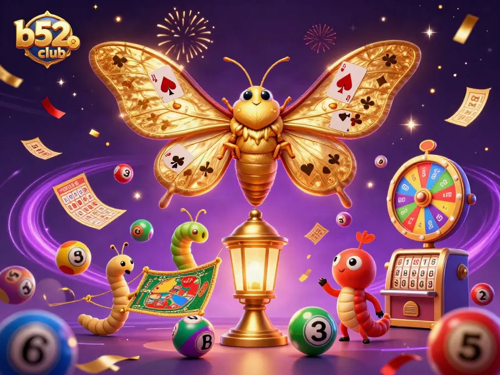 Bounce colorful lottery balls and golden tickets as b52club celebrates winnings in an enchanting casino scene.