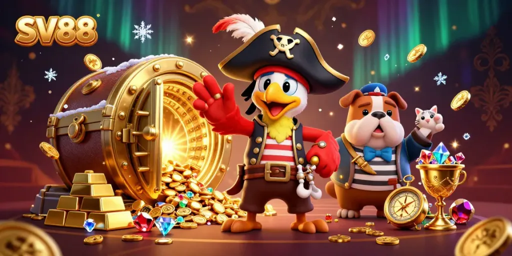 Experience winning moments at SV88 casino with dynamic characters and an overflowing treasure scene.