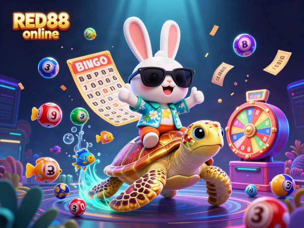 Experience exciting gameplay with RED88 online as a lucky rabbit rides a golden turtle amidst vibrant casino elements.