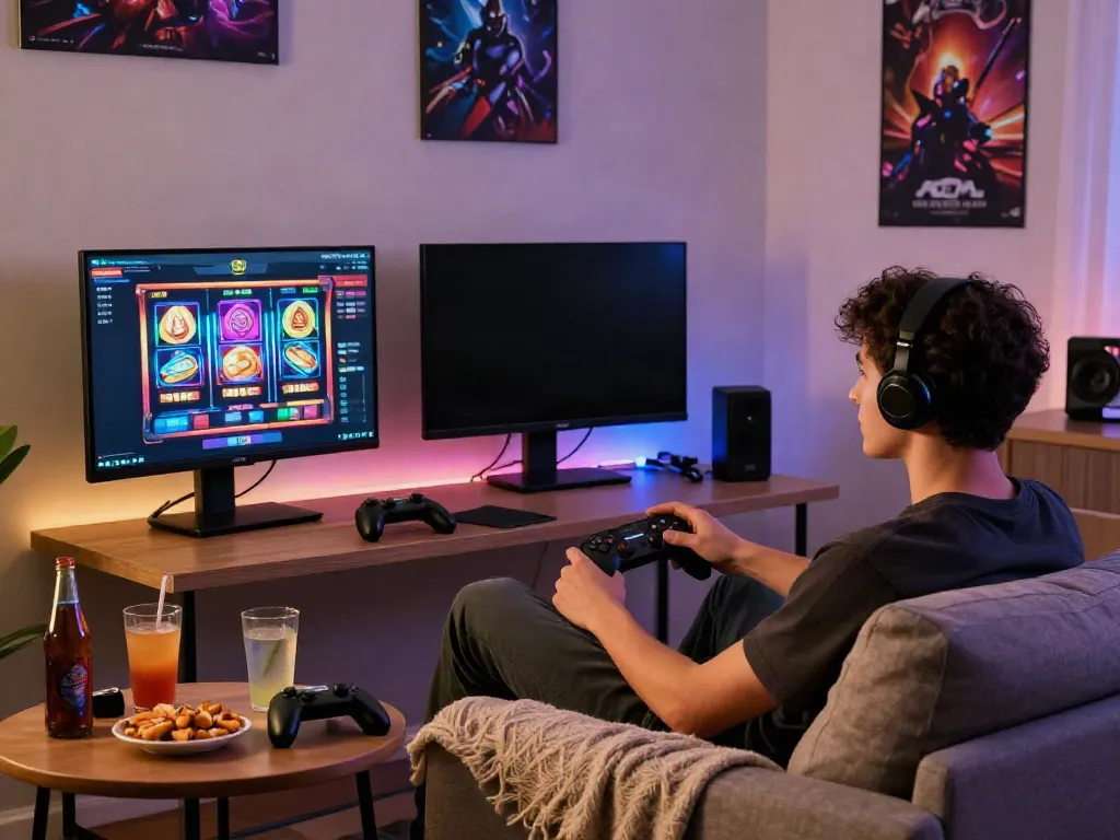Inviting gaming scene showcasing a person engaging in situs gacor, vibrant slot graphics on screen, cozy atmosphere with snacks and drinks.