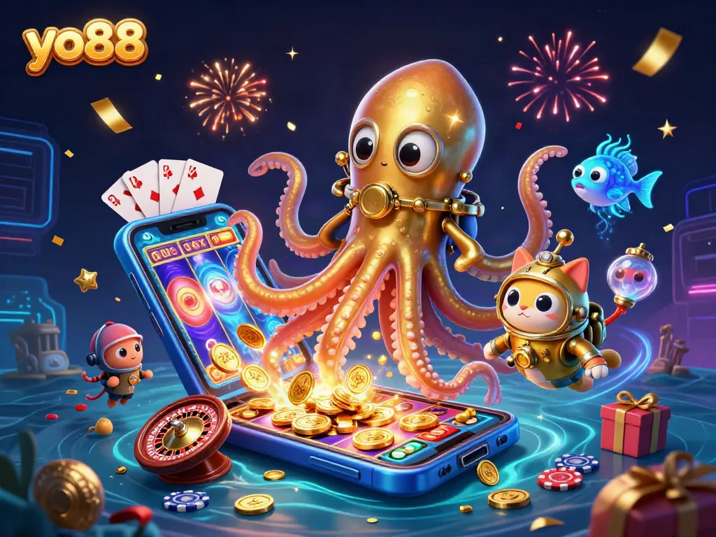 Experience thrilling gameplay at yo88 with a kraken, a diving cat, and vibrant casino elements.