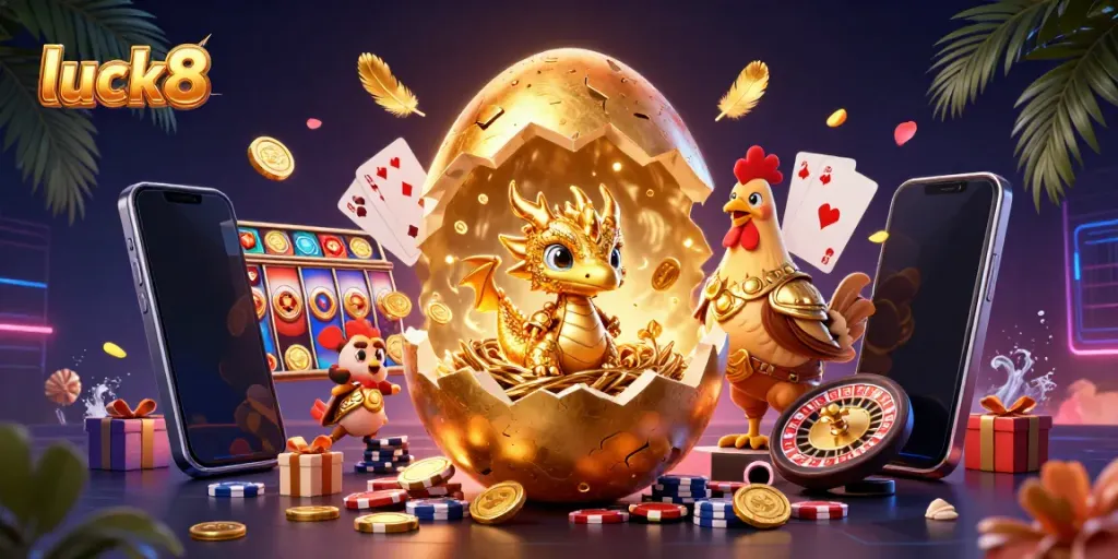 Experience luck8 with a golden dragon revealing poker chips, showcasing excitement in online gaming.