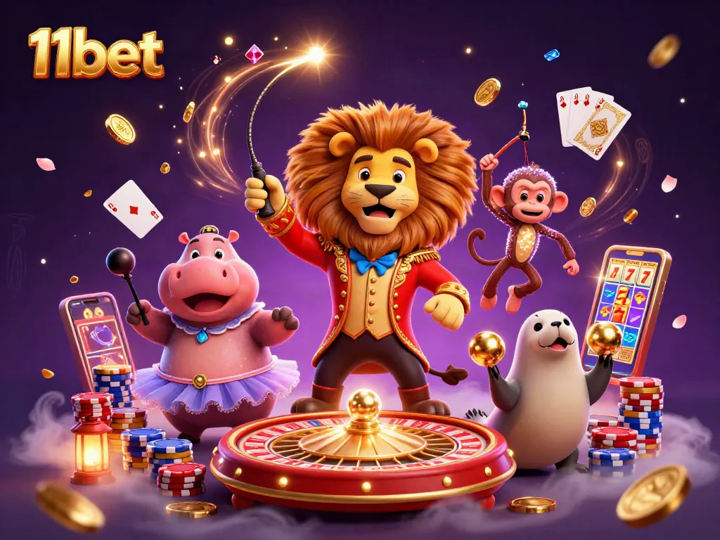 Experience thrilling gaming action with 11bet's vibrant casino illustration showcasing a dynamic gambling scene.