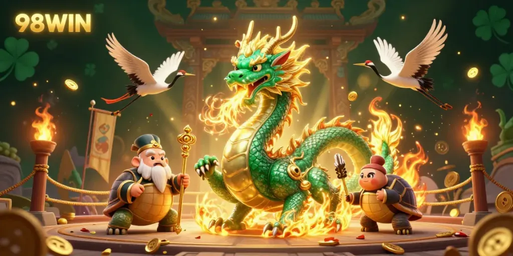 Experience the thrill of 98WIN with vibrant casino-themed 3D characters and elements.