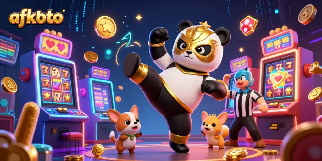 Join the excitement with afktoto; a panda wrestler in action surrounded by vibrant slot machines and cheering animal fans.