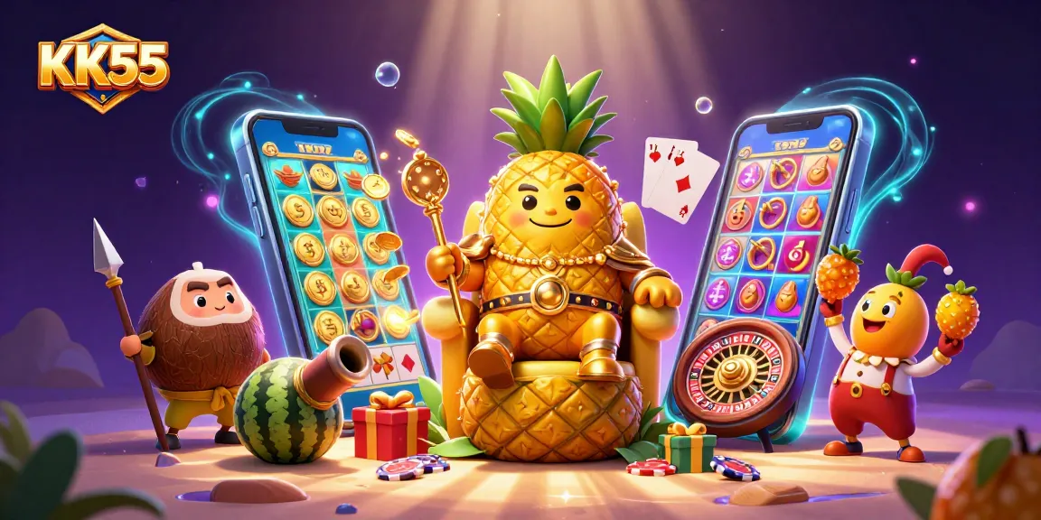 Experience thrilling gameplay with KK55 in a vibrant cartoon casino atmosphere, featuring a heroic pineapple king.