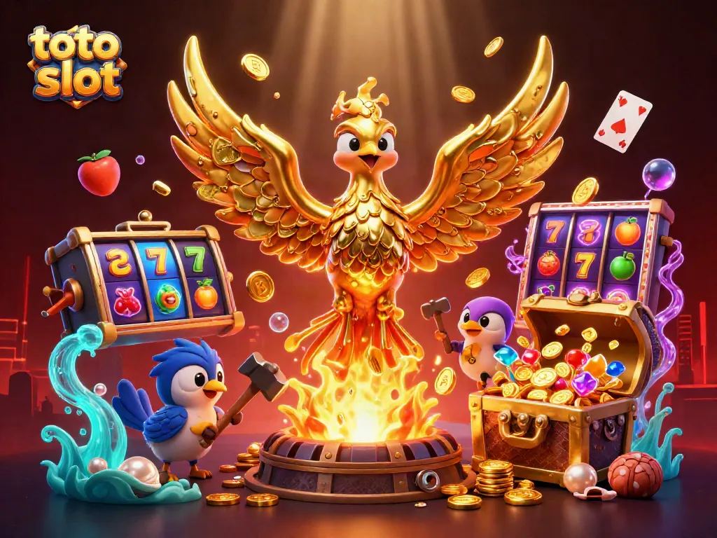Menang besar di toto slot dengan phinisi emas yang menyala dan simbol keberuntungan.