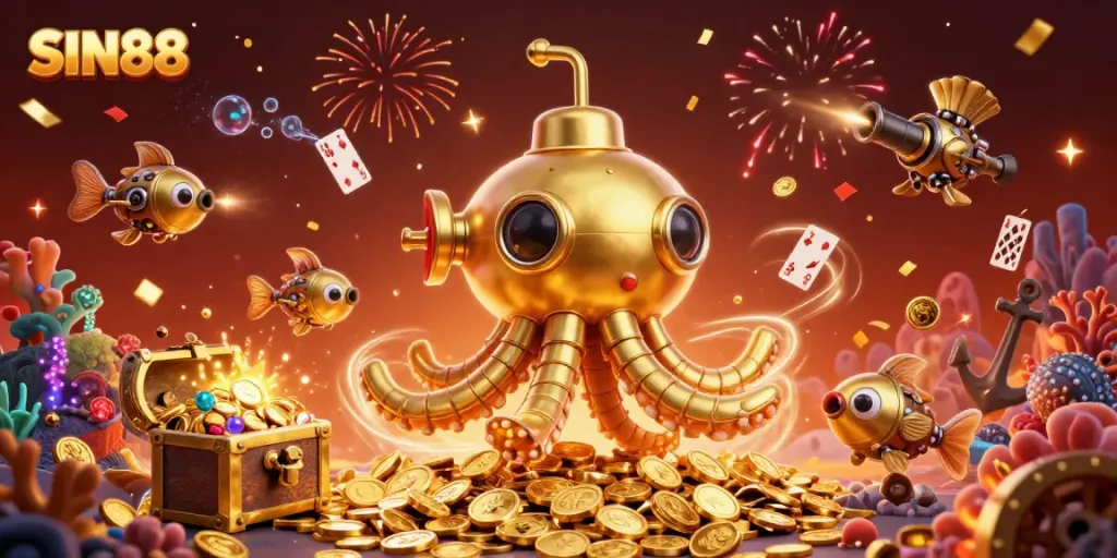 Engage in thrilling gameplay with SIN88, showcasing an adventurous kraken submarine amidst golden coins and vibrant casino elements.