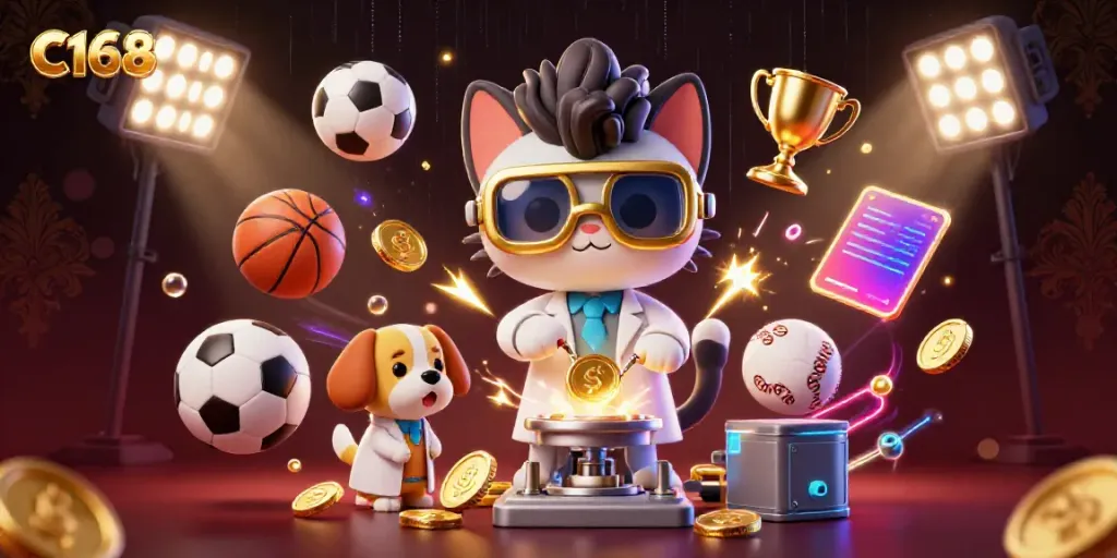 Experience thrilling action at C168 with a scientist creating a gold-coin machine in a vibrant casino scene.