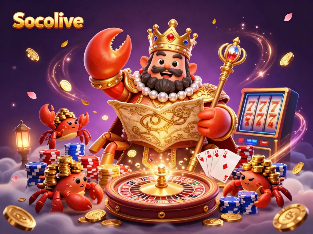 Socolive elevates gambling excitement with a dynamic scene of a golden crab emperor surrounded by winning elements and vibrant imagery.