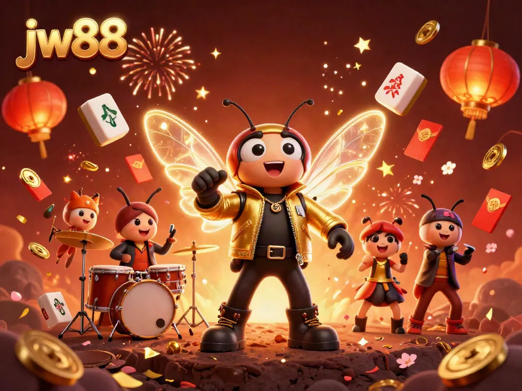 Experience excitement at jw88 casino with vibrant 3D visuals of characters, game elements, and festive details.