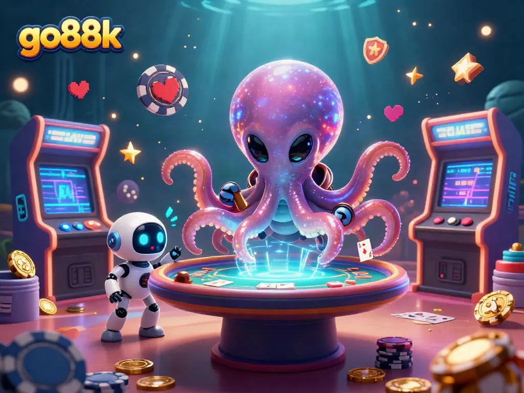 go88k poker scene with an alien octopus and robot, showcasing vibrant casino elements and action-packed visuals