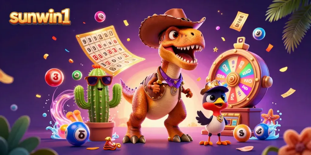 Engage with sunwin1 dynamic gaming as a T-Rex cowboy dinosaur brings lottery excitement to life.