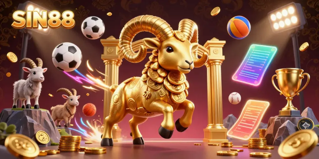SIN88 sports betting scene featuring a golden ram charging through a vibrant casino atmosphere, surrounded by sports balls and betting elements.