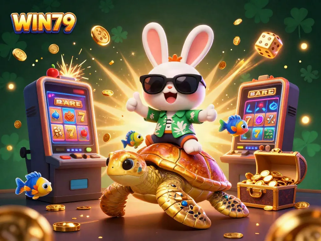 Engage in thrilling gameplay with the WIN79 lucky rabbit and golden sea turtle in a vibrant casino scene.