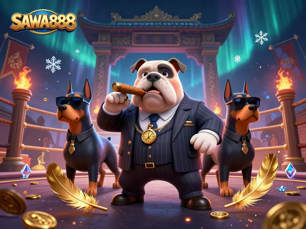 SAWA888 showcases a mafia boss bulldog in a dynamic casino scene with golden feathers and betting tokens.