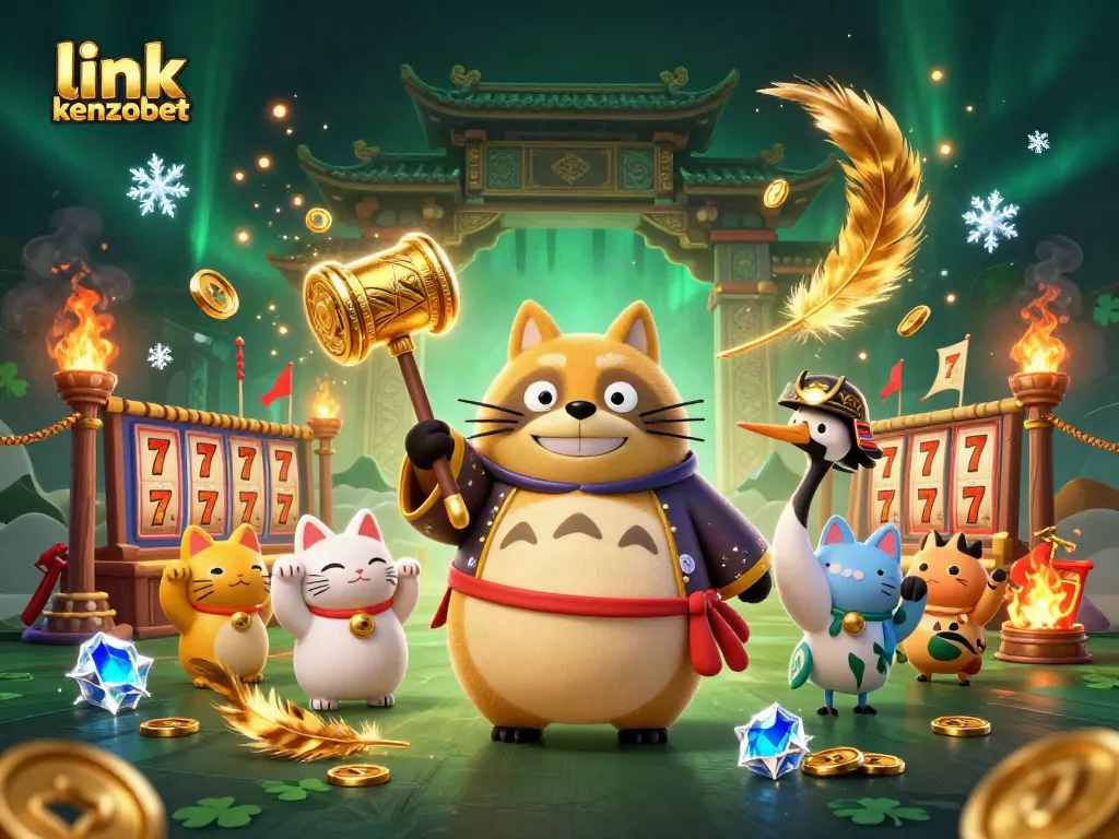 Engage with top odds using link kenzobet while encountering cheerful tanuki and lucky symbols in vibrant casino scene.