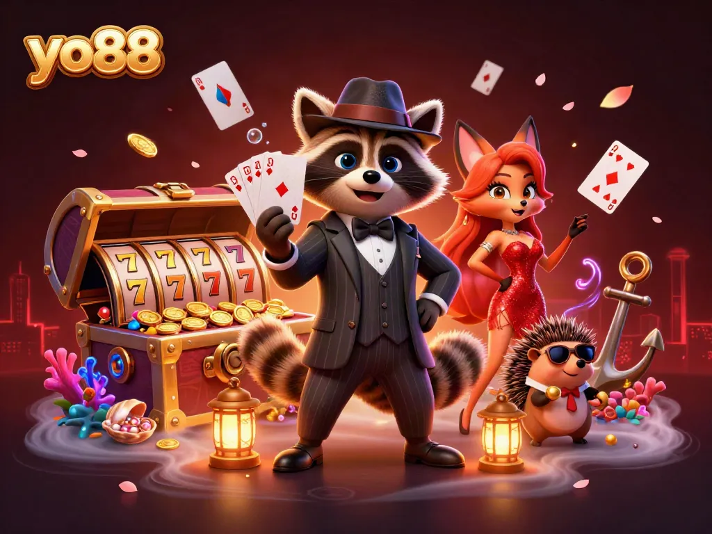 Play exciting casino games with yo88 as a suave raccoon and charming fox amidst vibrant visuals.