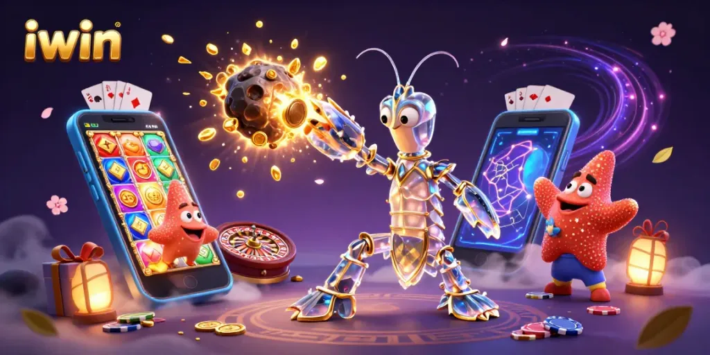 Win big with iwin in a vibrant 3D casino-themed digital illustration full of gaming excitement.