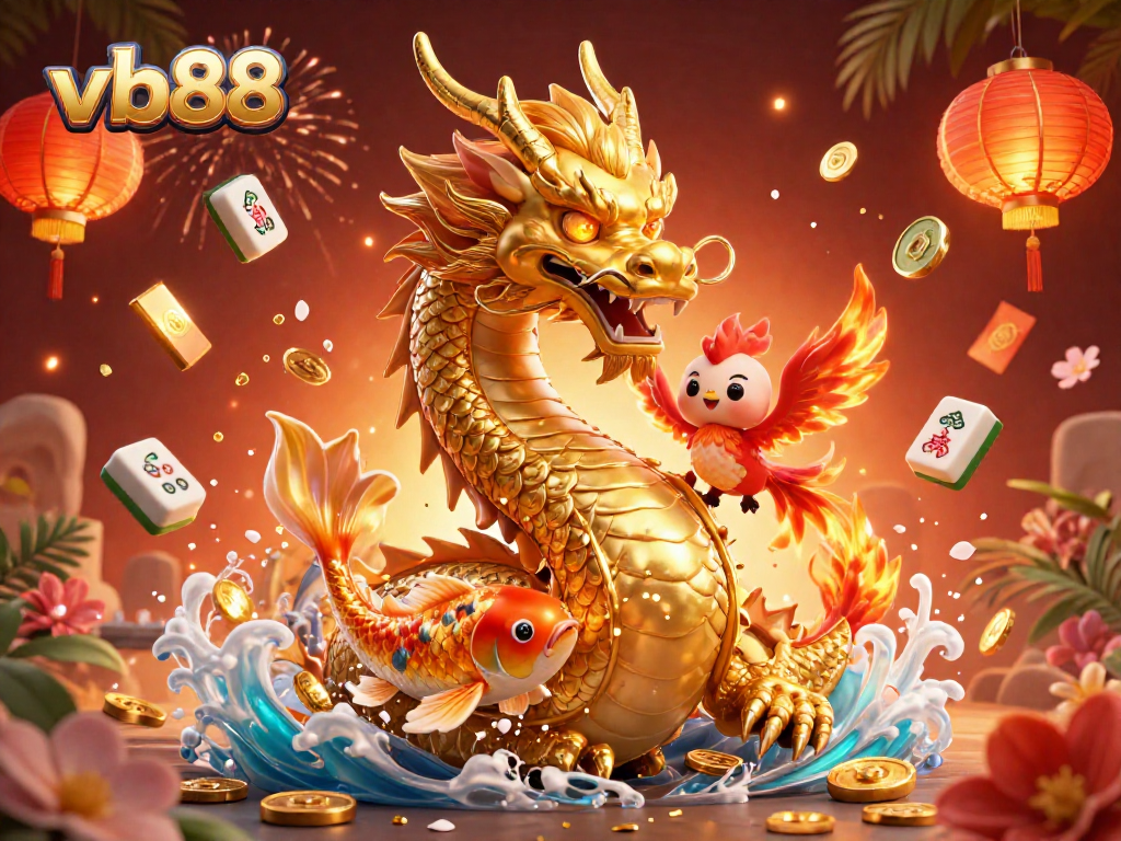 Engage in thrilling gaming at vb88 with a fierce dragon and phoenix amidst dazzling casino elements.