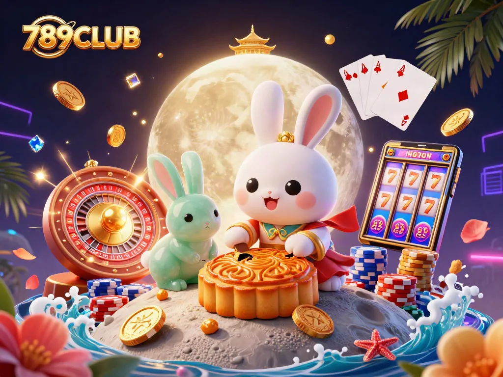 Engage in thrilling gameplay at 789CLUB, where a moon rabbit reveals poker chips amidst vibrant casino elements.