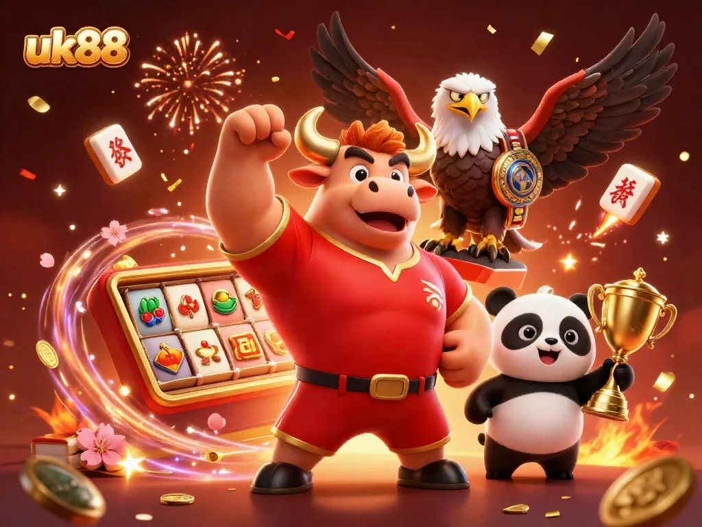 Engage with uk88 featuring a victorious bull mascot, a winning panda, and exciting gameplay elements.
