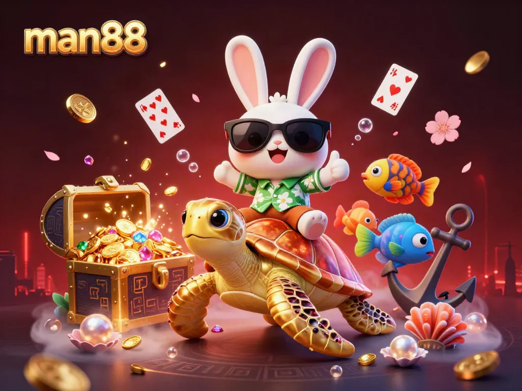 Win big at man88 with the lucky rabbit and golden sea turtle in a vibrant undersea casino adventure.
