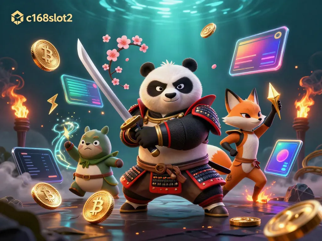 Experience thrilling gameplay with c168slot2, featuring a vibrant 3D illustration of a samurai panda and ninja fox.