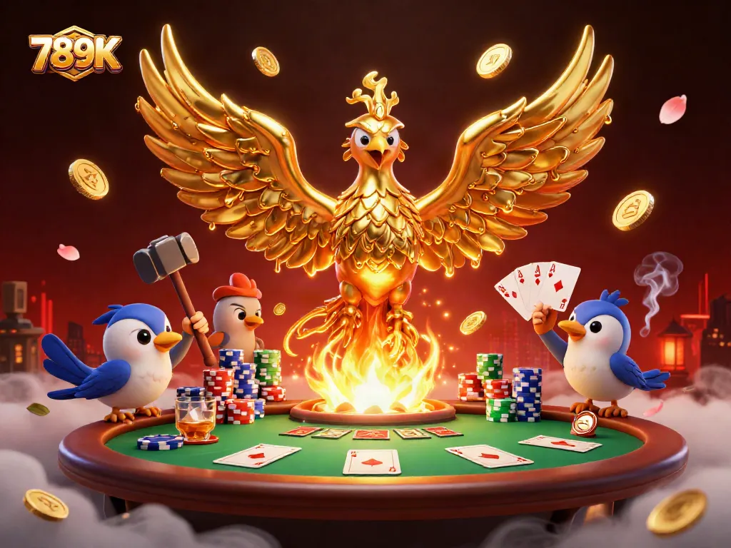 Experience the excitement of 789K with golden phoenix and vibrant poker scene in 3D
