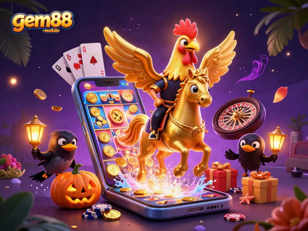 win big with gem88-mobile in a magical casino scene featuring slot games and golden rewards