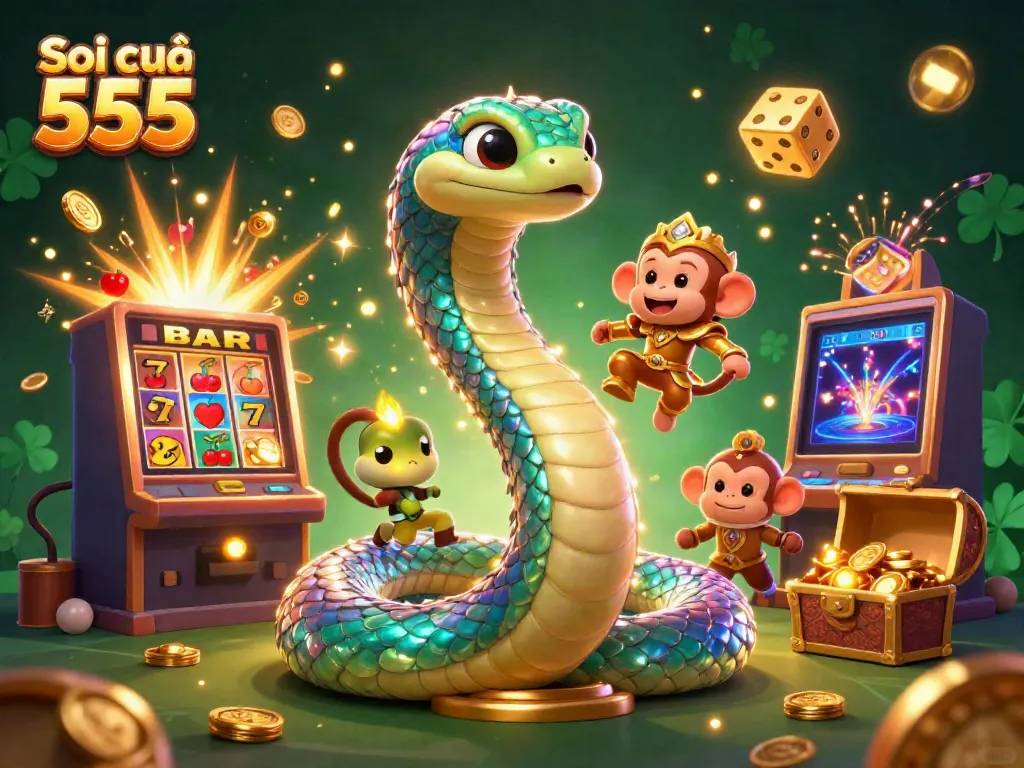 Soi cầu 555 vibrant illustration featuring a rainbow serpent, playful monkey king, and a jackpot-themed slot explosion