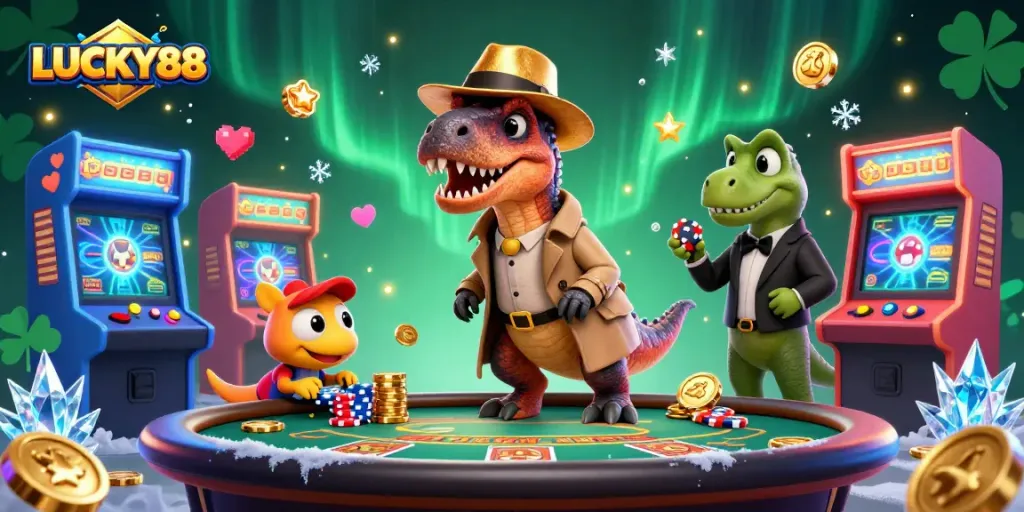 Engage with LUCKY88's vibrant casino atmosphere, where a clever velociraptor strategizes at the blackjack table.